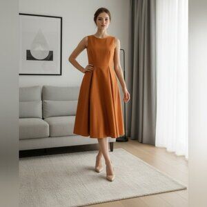 Donna Karan SZ 4 Light Orange Fit & Flare Sleeveless Midi Dress W/Pockets FLAWED